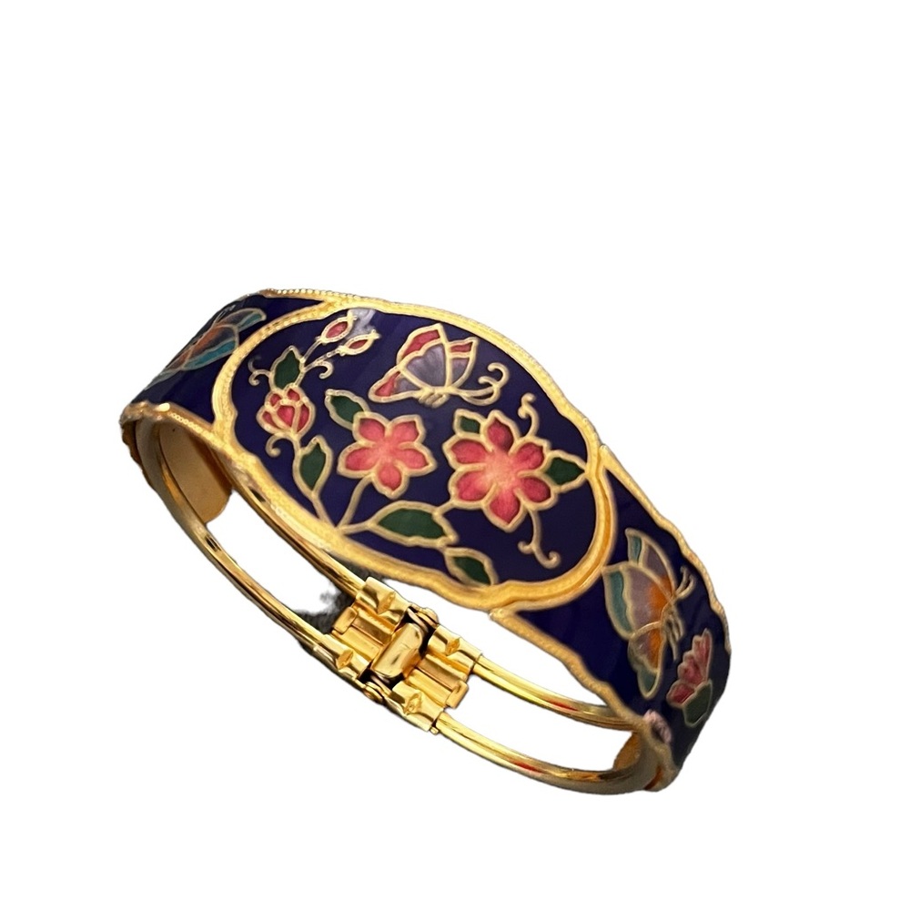 Vtg Enamel Flower Butterfly Multicolor Cloisonné Gold Tone Bracelet Cuff Bangle - Picture 1 of 12